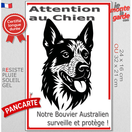 Plaque portail verticale "Attention au Chien, notre Bouvier Australien surveille et protège" dessin stylisé noir et blanc, résis