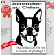 Plaque portail verticale "Attention au Chien, notre Boston Terrier surveille et protège" dessin stylisé noir et blanc, résiste