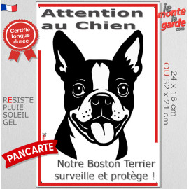 Plaque portail verticale "Attention au Chien, notre Boston Terrier surveille et protège" dessin stylisé noir et blanc, résiste p