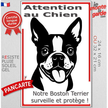 Plaque portail verticale "Attention au Chien, notre Boston Terrier surveille et protège" dessin stylisé noir et blanc, résiste p