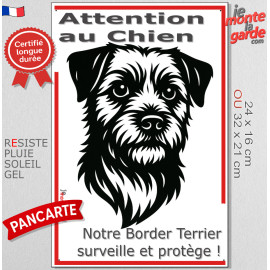 Plaque portail verticale "Attention au Chien, notre Border Terrier surveille et protège" dessin stylisé noir et blanc, résiste p
