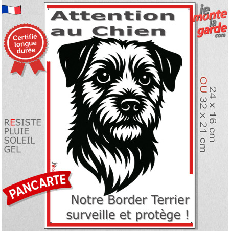 Plaque portail verticale "Attention au Chien, notre Border Terrier surveille et protège" dessin stylisé noir et blanc, résiste p