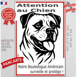 Plaque portail verticale "Attention au Chien, notre Bouledogue Americain surveille et protège" dessin stylisé noir Boulam