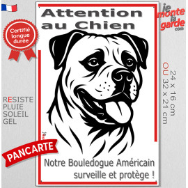 Plaque portail verticale "Attention au Chien, notre Bouledogue Americain surveille et protège" dessin stylisé noir Boulam, résis