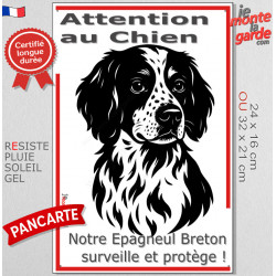 Plaque portail verticale "Attention au Chien, notre Epagneul Breton surveille et protège" dessin stylisé noir et blanc, résiste