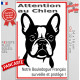Plaque portail verticale "Attention au Chien, notre Bouledogue Français surveille et protège" dessin stylisé noir et blanc