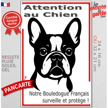 Plaque portail verticale "Attention au Chien, notre Bouledogue Français surveille et protège" dessin stylisé noir et blanc, rési
