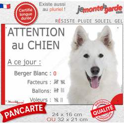 Berger Blanc Suisse, plaque portail humour "Attention au Chien, Nombre de Voleurs, ballons, facteurs" photo résiste intempéries