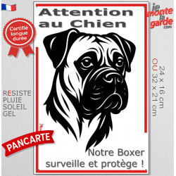 Plaque portail verticale "Attention au Chien, notre XXX surveille et protège" dessin stylisé noir et blanc, résiste intempéries