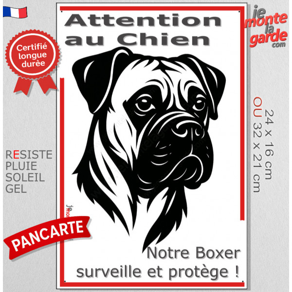 Plaque portail verticale "Attention au Chien, notre XXX surveille et protège" dessin stylisé noir et blanc, résiste intempéries