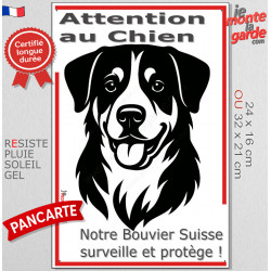 Plaque portail verticale "Attention au Chien, notre Bouvier Suisse Appenzell surveille et protège" dessin stylisé noir et blanc