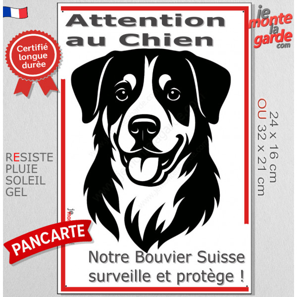 Plaque portail verticale "Attention au Chien, notre Bouvier Suisse Appenzell surveille et protège" dessin stylisé noir et blanc