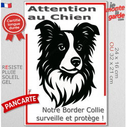 Plaque portail verticale "Attention au Chien, notre Border Collie surveille et protège" dessin stylisé noir et blanc, résiste