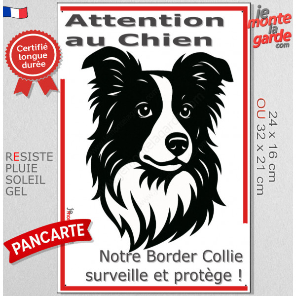 Plaque portail verticale "Attention au Chien, notre Border Collie surveille et protège" dessin stylisé noir et blanc, résiste