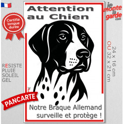 Plaque portail verticale "Attention au Chien, notre Braque Allemand surveille et protège" dessin stylisé noir et blanc, résiste