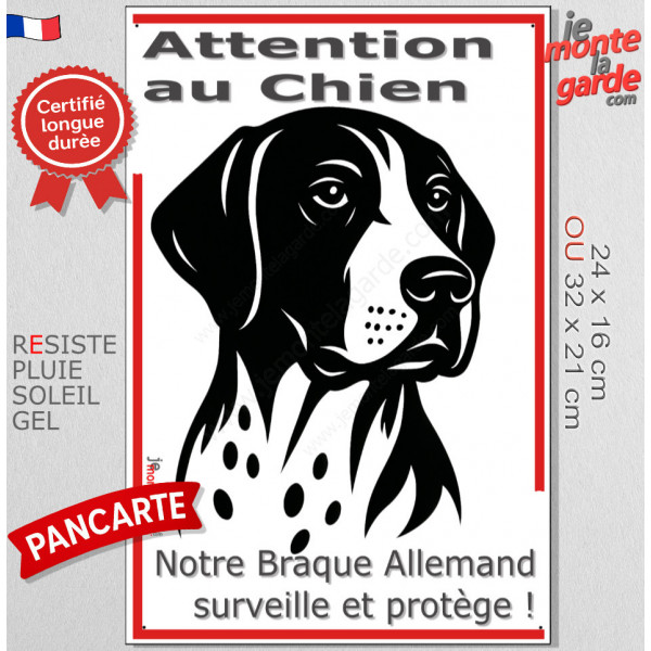 Plaque portail verticale "Attention au Chien, notre Braque Allemand surveille et protège" dessin stylisé noir et blanc, résiste