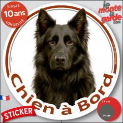 Berger Allemand tout noir poils longs, disque photo autocollant "Chien à Bord" Sticker adhésif rond vitre voiture