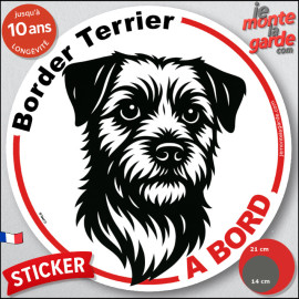 Disque autocollant "Border Terrier à Bord" en noir et blanc. Sticker adhésif rond vitre voiture résiste pluie soleil gel, idée c