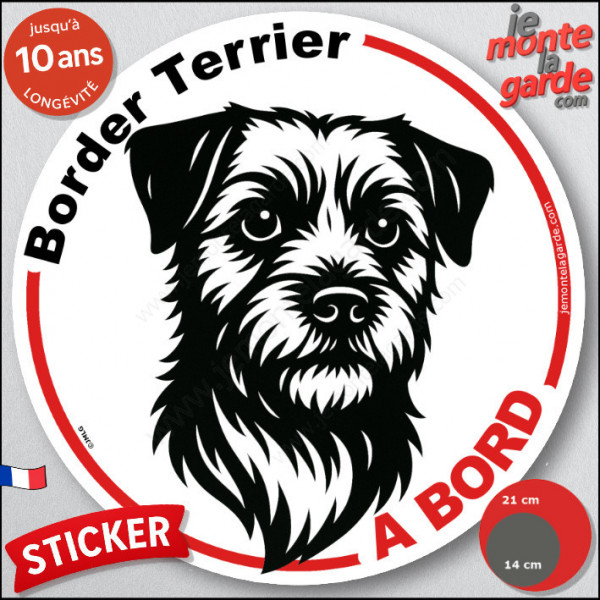 Disque autocollant "Border Terrier à Bord" en noir et blanc. Sticker adhésif rond vitre voiture résiste intempéries