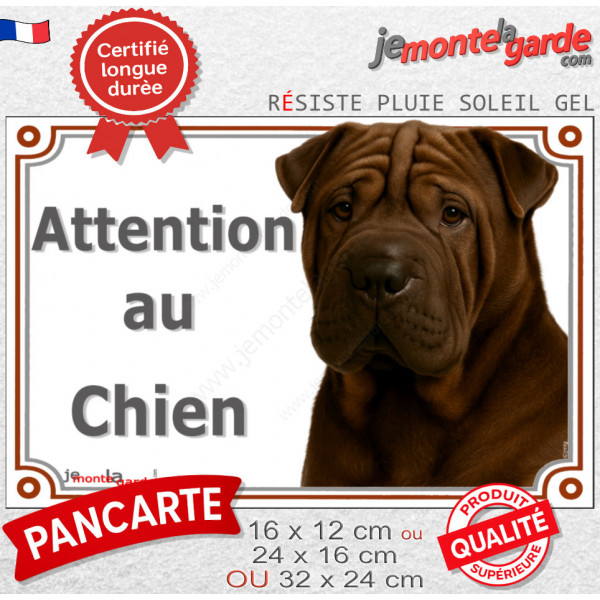 Shar-Peï marron chocolat, plaque portail "Attention au Chien" photo Sharpei brun résiste intempéries
