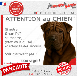 Shar-Peï marron chocolat, plaque humour "Attention au Chien, Jetez Vous au Sol, courage" photo résiste intempéries