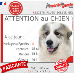 Montagne des Pyrénées avec taches, plaque portail humour "Attention au Chien Nombre de Voleurs, ballons, facteurs" photo Patou