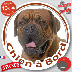 Dogue de Bordeaux face noire Tête, sticker autocollant rond "Chien à Bord" Disque photo adhésif vitre voiture chien