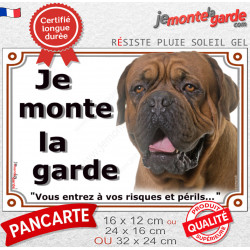 Dogue de Bordeaux face noire tête, plaque portail, photo "Je Monte la Garde, entrez à vos risques périls" Attention au Chien