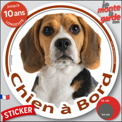 Beagle tricolore, sticker autocollant voiture rond "Chien à Bord" disque photo rond adhésif résistant 3 couleurs
