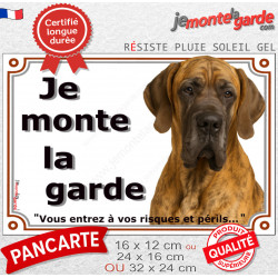 Dogue Allemand bringé, plaque portail "Je Monte la Garde, risques périls" pancarte panneau photo Danois résiste intempéries