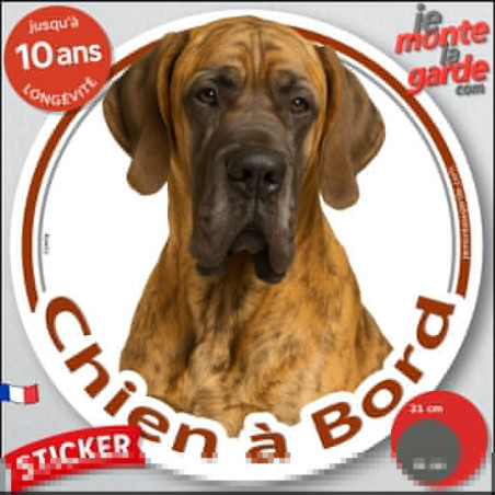 Dogue Allemand bringé, sticker voiture rond "Chien à Bord" 2 tailles D Dogue Allemand bringé, sticker voiture rond "Chien à Bord" 2 tailles D