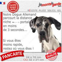Danois arlequin, blanc tâches noires, plaque humour "parcourt distance Niche - Portail, rapide" photo Dogue Allemand attention