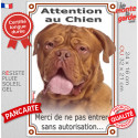 Dogue Bordeaux face rouge, plaque portail verticale "Attention au Chien, pas sans autorisation" 2 tailles VL D