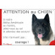 Akita Américain bringé, plaque photo humour seo sans calque "Attention au Chien, jetez Vous au Sol, courage"