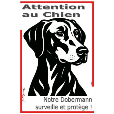 Plaque portail verticale "Attention au Chien, notre Dobermann surveille et protège" dessin stylisé noir, seo sans calque
