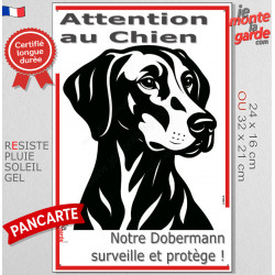 Plaque portail verticale "Attention au Chien, notre Dobermann surveille et protège" dessin stylisé noir, seo sans calque