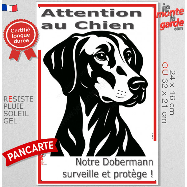 Plaque portail verticale "Attention au Chien, notre Dobermann surveille et protège" dessin stylisé noir, seo sans calque