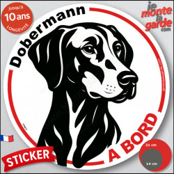 Dobermann, disque voiture rond autocollant "Chien à Bord" stylisé noir et blanc, résiste intempéries