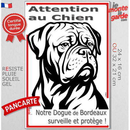 Plaque portail verticale "Attention au Chien, Dogue de Bordeaux surveille et protège" dessin noir et blanc, résiste dehors