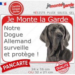 Dogue Allemand gris bleu, plaque portail rouge "Je Monte la Garde surveille protège" pancarte fluo visible photo Danois