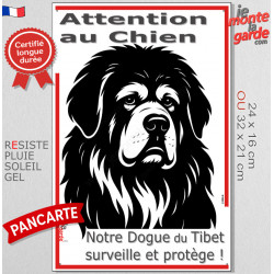 Plaque portail verticale "Attention au Chien, notre Dogue du Tibet surveille et protège" dessin stylisé noir, résiste intempérie