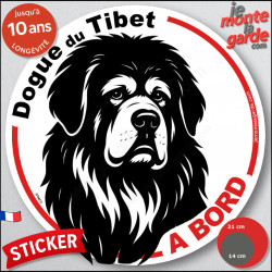 Dogue du Tibet, sticker autocollant rond "Chien à Bord" disque adhésif vitre voiture résiste intempéries
