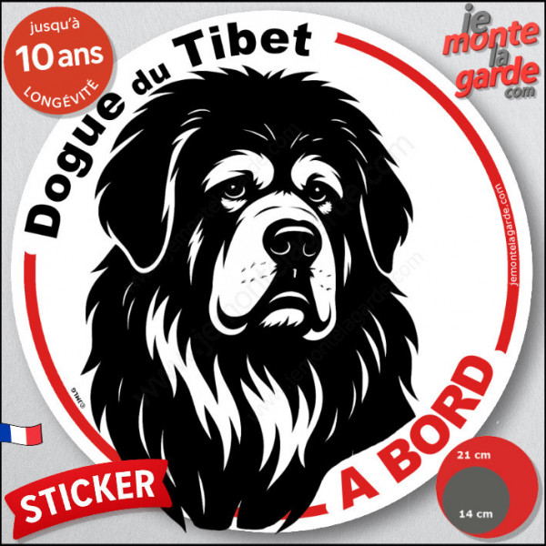 Dogue du Tibet, sticker autocollant rond "Chien à Bord" disque adhésif vitre voiture résiste intempéries