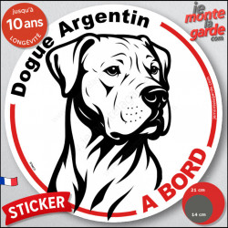 Dogue Argentin, sticker autocollant rond "Chien à Bord" disque adhésif vitre voiture Dogo résiste intempéries