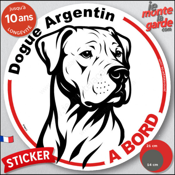Dogue Argentin, sticker autocollant rond "Chien à Bord" disque adhésif vitre voiture Dogo résiste intempéries