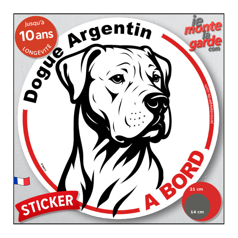 Dogue Argentin, sticker autocollant rond "Chien à Bord" disque adhésif vitre voiture Dogo, résiste pluie soleil gel, idée cadeau Dogue Argentin, sticker autocollant rond "Chien à Bord" disque adhésif vitre voiture Dogo, résiste pluie soleil gel, idée cadeau