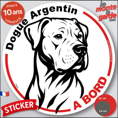 Dogue Argentin, sticker autocollant rond "Chien à Bord" disque adhésif vitre voiture Dogo, résiste pluie soleil gel, idée cadeau