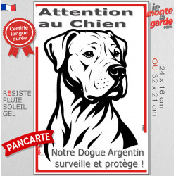 Plaque portail verticale "Attention au Chien, notre Dogue Argentin surveille et protège" dessin stylisé noir et blanc, résiste