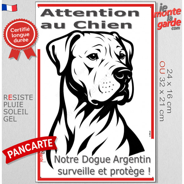 Plaque portail verticale "Attention au Chien, notre Dogue Argentin surveille et protège" dessin stylisé noir et blanc, résiste