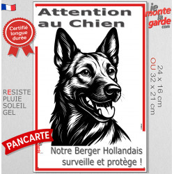 Plaque portail verticale "Attention au Chien, notre Berger Hollandais surveille et protège" dessin stylisé noir et blanc